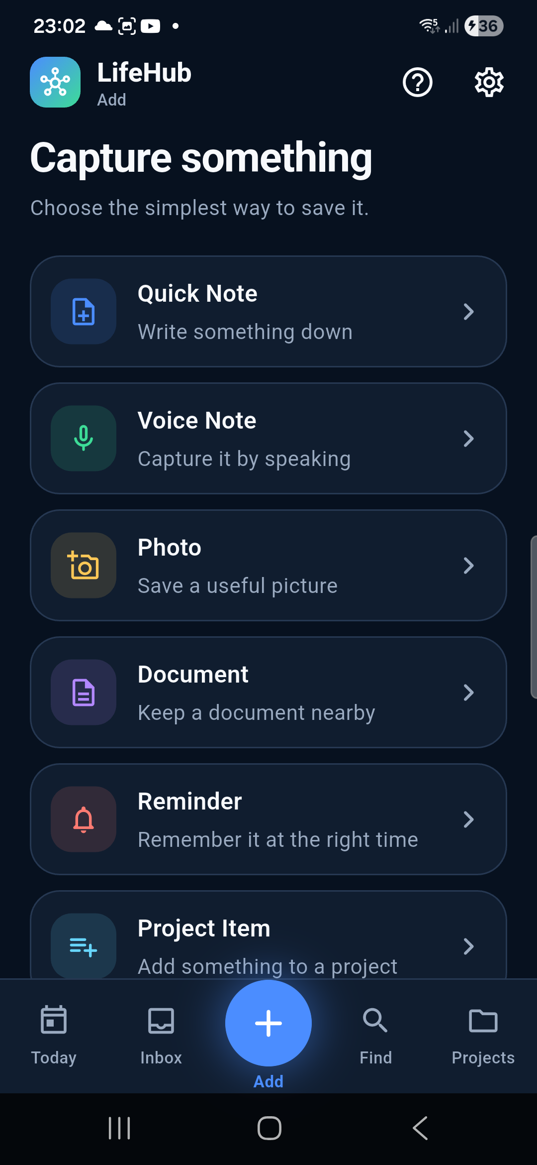 LifeHub capture options